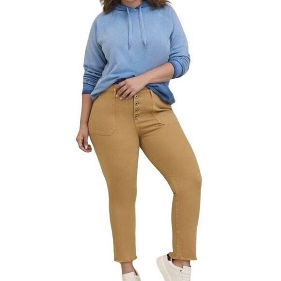 Torrid Hi Rise Stretch Button Fly Mom Jeans Ankle Fringe Hem Tan Size 24R - Picture 1 of 15